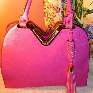 GORGEOUS LARGE PINK SATCHEL HANDBAG WITH TASSILAND SILVER HARDWARE